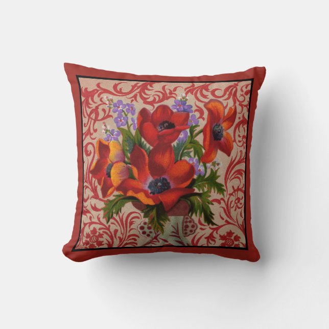Almofada Poppies com Travesseiro decorativo de Borda Vermel (Frente)