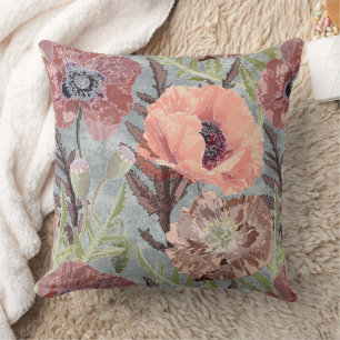 Almofada Poppies cor-de-rosa cinza floral de vintagem estil