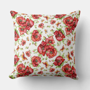Almofada Poppies vermelhos com folhagem verde em fundo bran