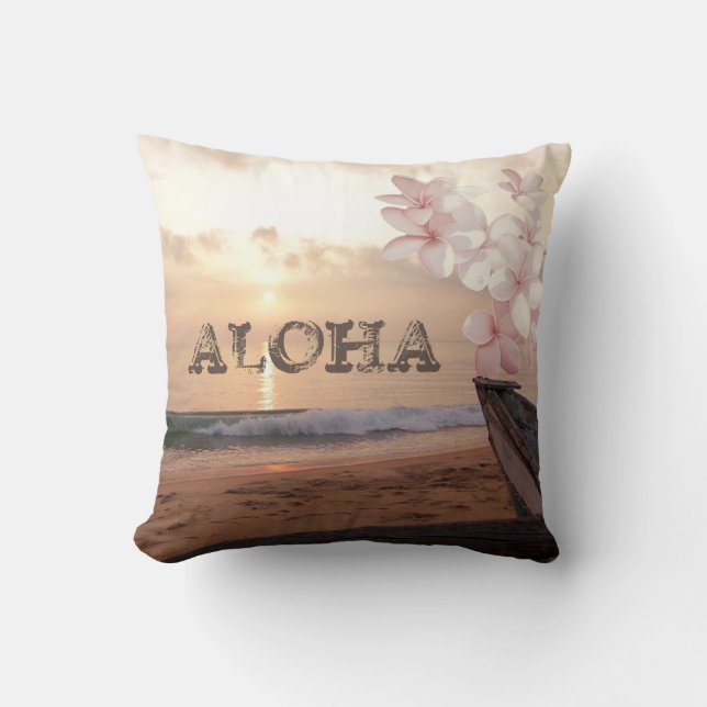 Almofada Pôr do Sol na Praia Plumeria, Aloha (Frente)