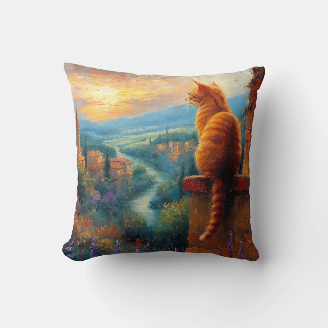 Almofada Pôr do Sol Toscano com um Gato Gengibre (Frente)