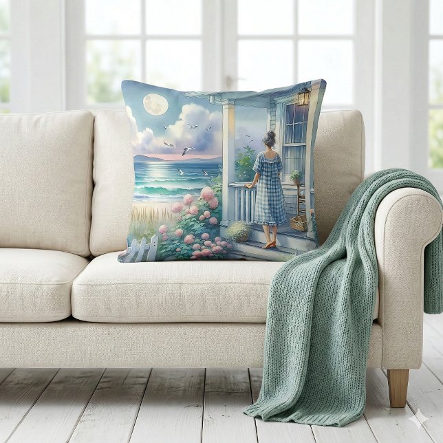 Almofada Porch de Algodão Ligado pelo Mar (Moonlit Cottage Porch by the Sea Throw Pillow Mockup A)
