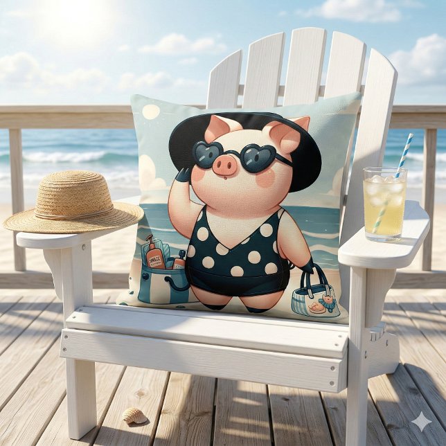 Almofada Porco Fofo em Maiô de Bolinhas na Praia (Cute Pig in Polka Dot Swimsuit at the Beach Throw Pillow Mockup A)