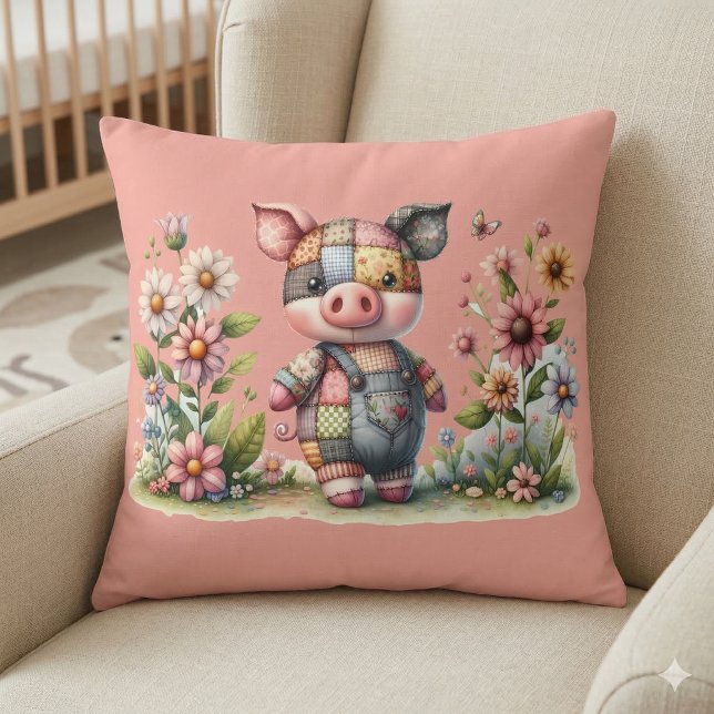 Almofada Porquinho de Patchwork Fofo no Jardim Floral (Cute Patchwork Piglet in Floral Garden Throw Pillow Mockup A.)