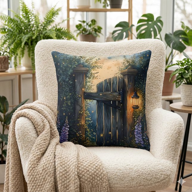 Almofada Porta De Jardinagem Encantada Sob Céu Firefly (Enchanted Garden Gate Under Firefly Sky Throw Pillow Mockup A)