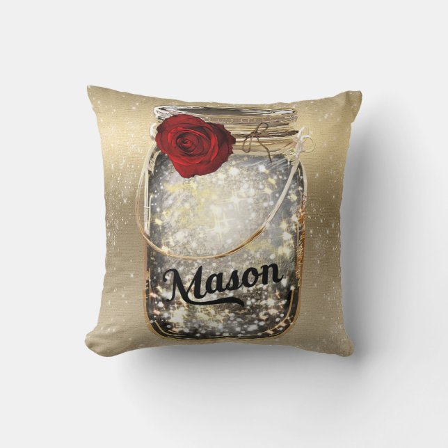 Almofada Pote de Mason de Rosa Vermelha Glamour Brilho Dour (Frente)
