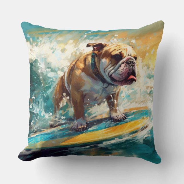 Almofada Praia de Bulldog Surfando Pintura (Frente)