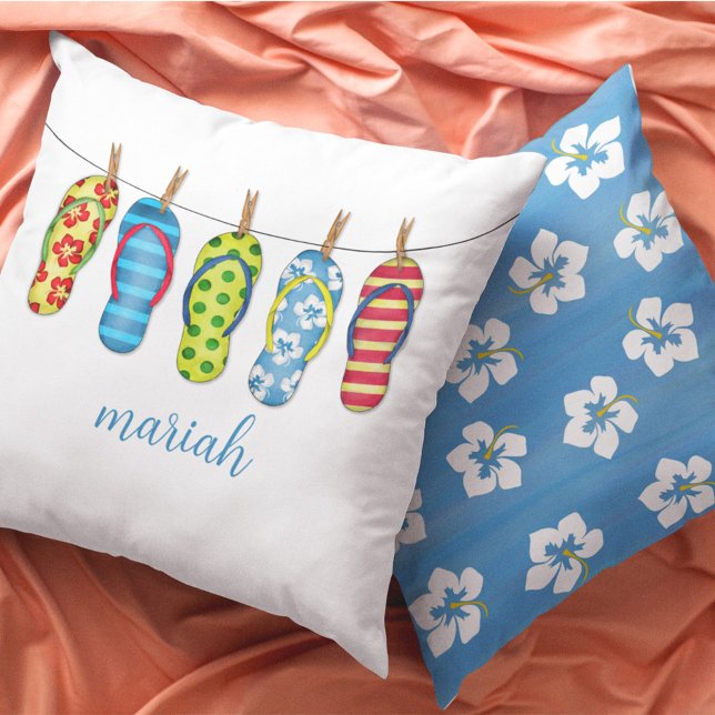 Almofada Praia de Script de Caligrafia Personalizada (Cute Beach Flip Flops Personalized Pillow. )