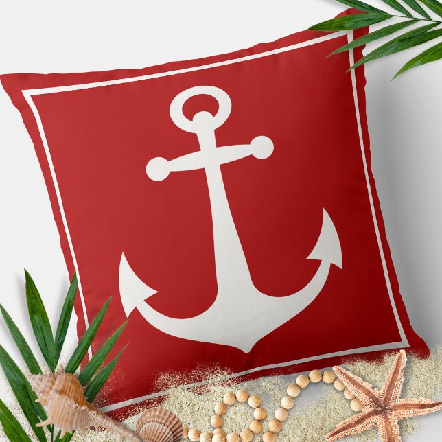 Almofada Praia Náutica de Âncora Vermelha e Branca (Red and White Anchor Nautical Pillow)