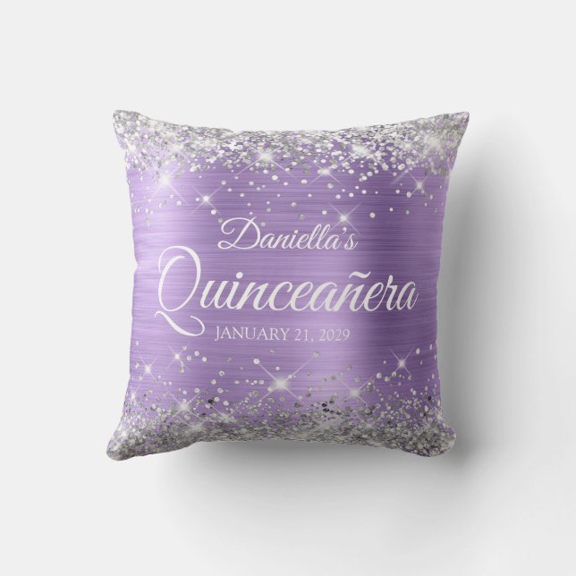 Almofada Prata Brilho Roxo Claro Folha Quinceañera (Verso)