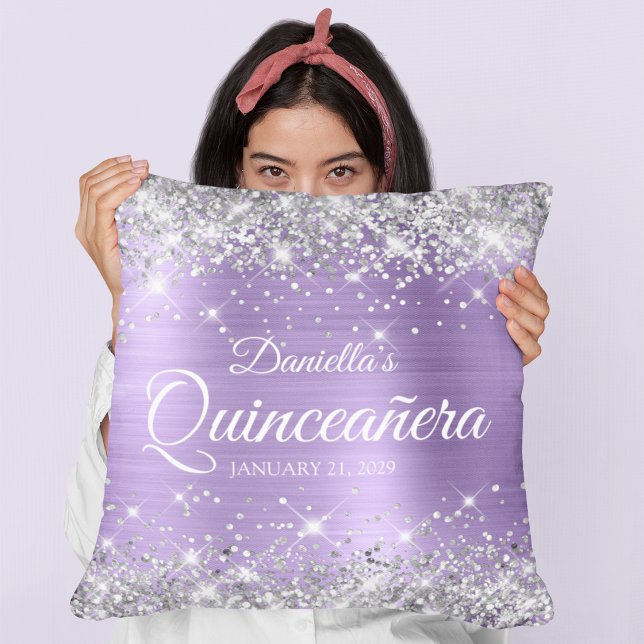 Almofada Prata Brilho Roxo Claro Folha Quinceañera (Silver Glitter Light Purple Foil Quinceañera Throw Pillow)