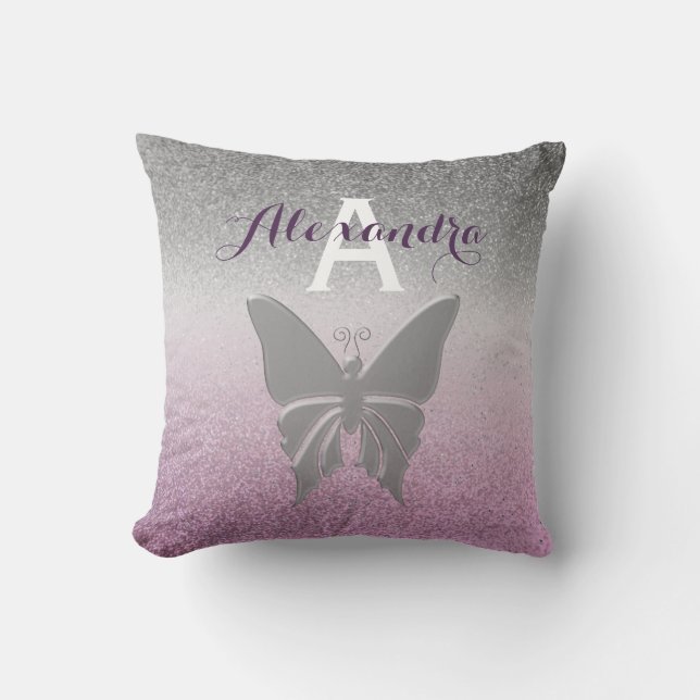 Almofada Prateado e Roxo Monogramado Feminino (Frente)