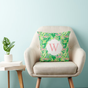 Almofada Pré-ppy Palm Beach Green Pink Flamingos Monograma