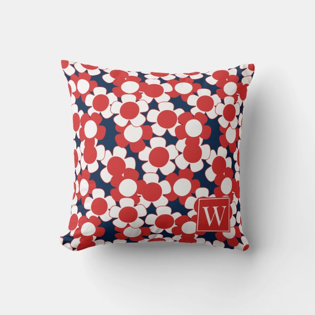Almofada Preppy Daisy Bloom – Monograma Vermelho Branco e A (Frente)