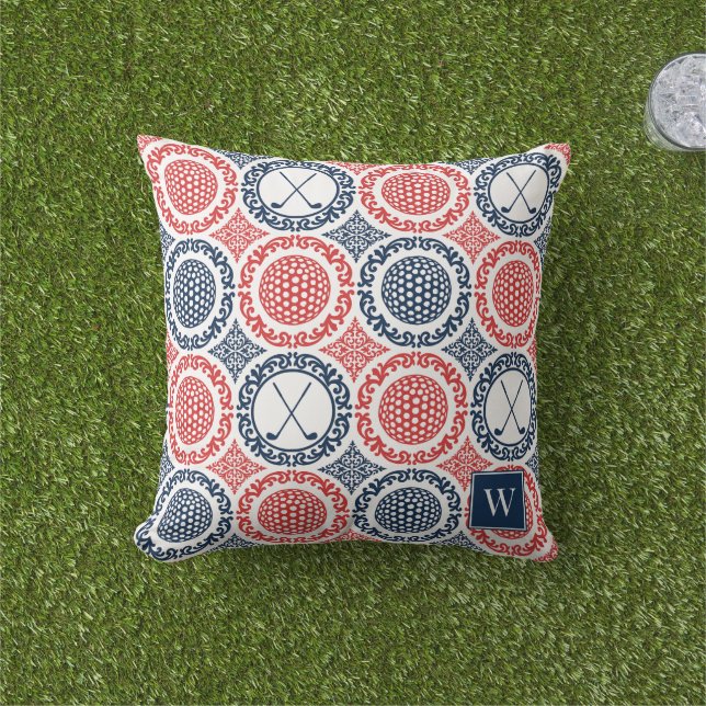Almofada Preppy Golf Damask - Balls & Clubs in Navy & Red (Grama)