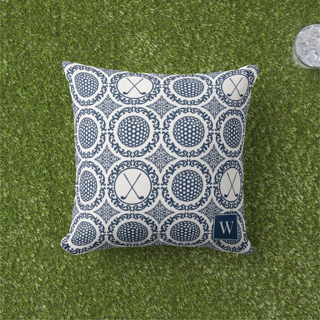 Almofada Preppy Golf Damask - Balls & Clubs in Navy & White (Grama)