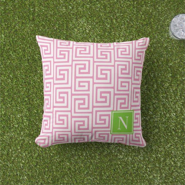 Almofada Preppy Greek Key Monogram – Pink & Lime (Grama)