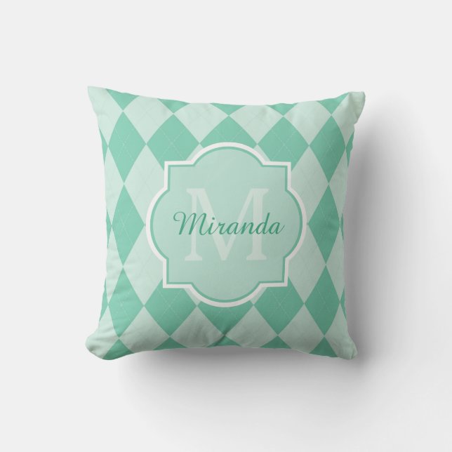 Almofada Preppy Mint Green Argyle Girly Monograma e Nome (Frente)