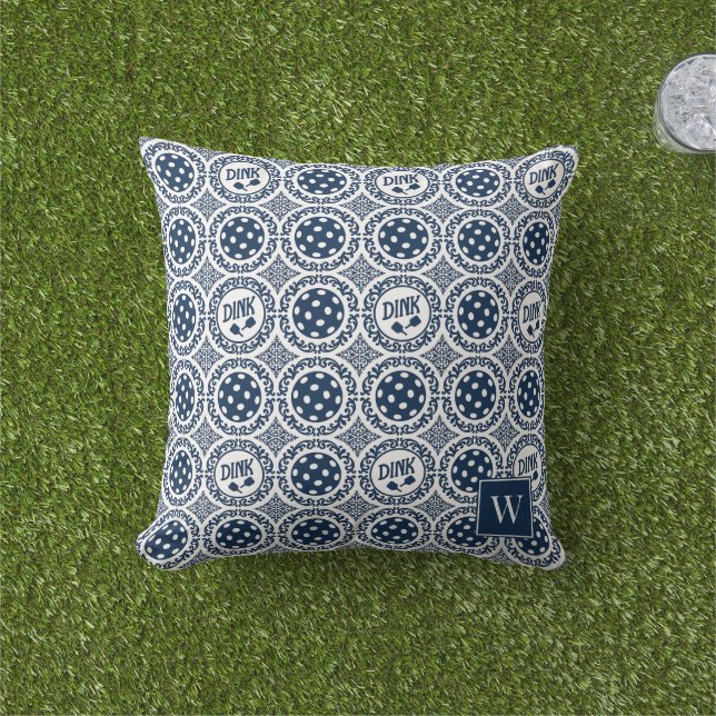 Almofada Preppy Pickleball Damask – Navy Dink Motif   (Grama)