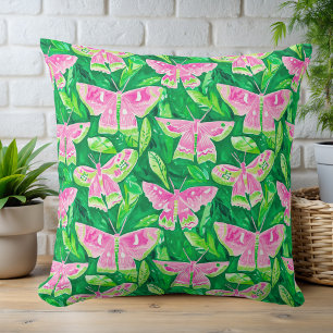 Almofada Preppy Pink & Green Moth Primavera Verão