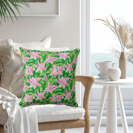 Almofada Preppy Pink Lily Floral Greenery Chic Garden Decor
