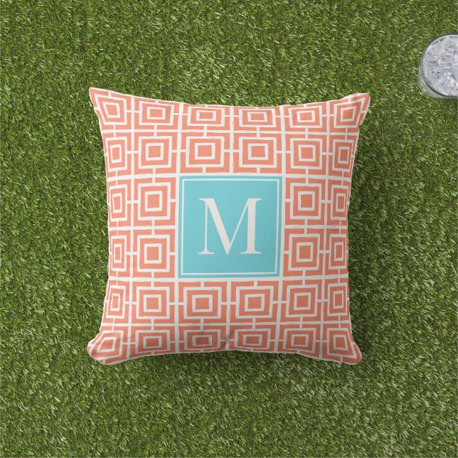 Almofada Preppy Square Lattice Monogram - Coral & Turquoise (Grama)