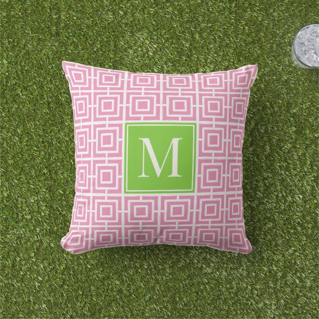 Almofada Preppy Square Lattice Monogram – Pink & Lime (Grama)