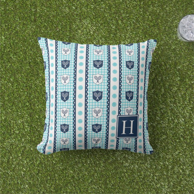 Almofada Preppy Tennis Crest Gingham - Turquesa & Azul Mari (Grama)
