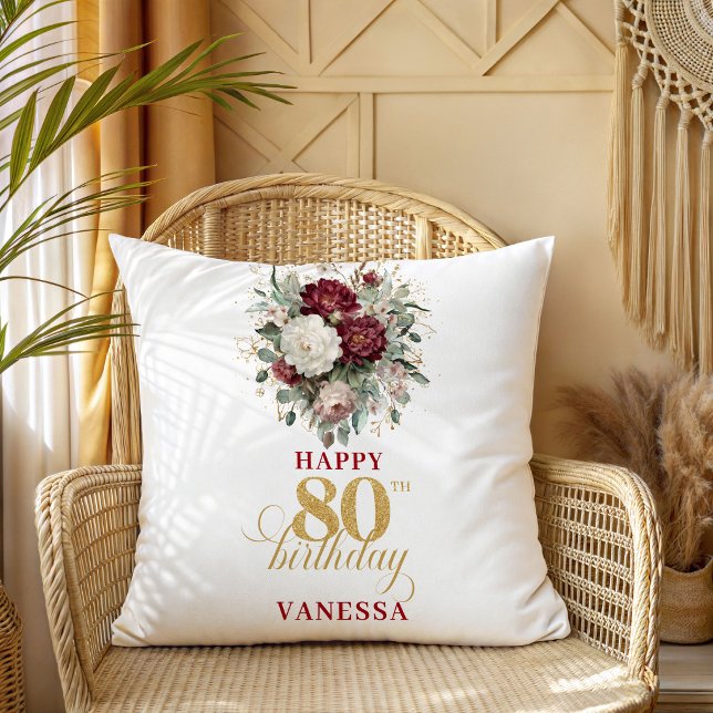 Almofada Presente de 80º Aniversário Boho Floral Borgonha (Boho Floral Burgundy 80th Birthday Gift)