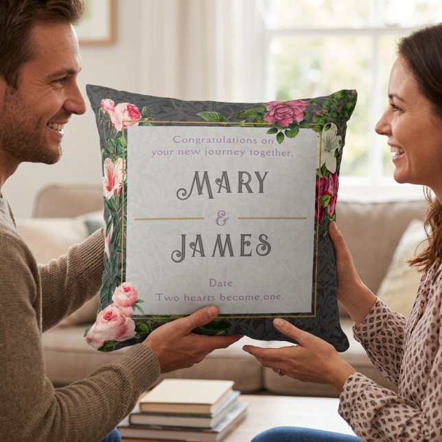 Almofada Presente de Aniversário de Casamento com Texto Per (Floral Custom Text Wedding Anniversary Gift Gray Throw Pillow)