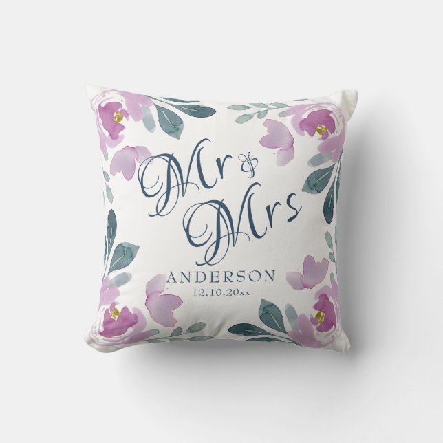 Almofada Presente de Casamento Rosa e Roxo com Aquarela Flo (Frente)