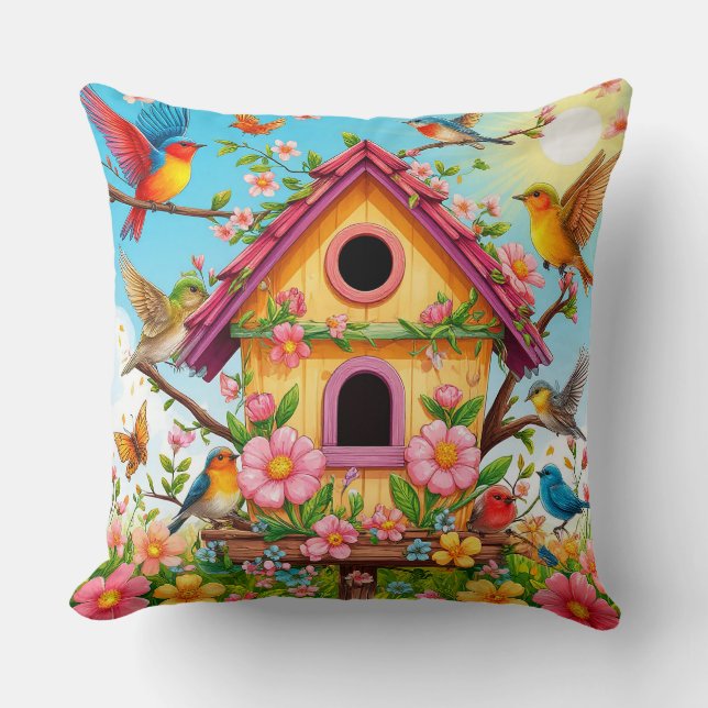 Almofada 🌸 Presente de Cena de Jardim com Casa de Pássaros (Frente)
