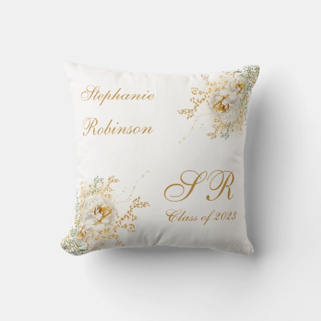Almofada Presente de Formatura com Monograma Floral Dourado (Frente)