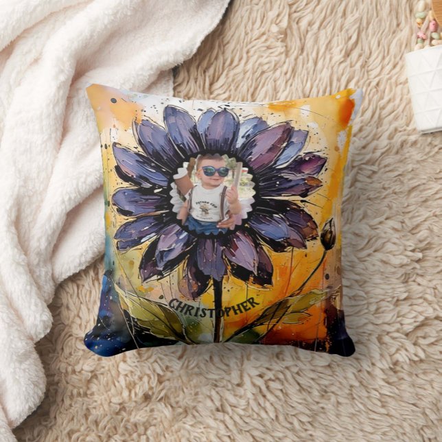 Almofada Presente de Foto Personalizada e Flor de Margarida (Criador carregado)