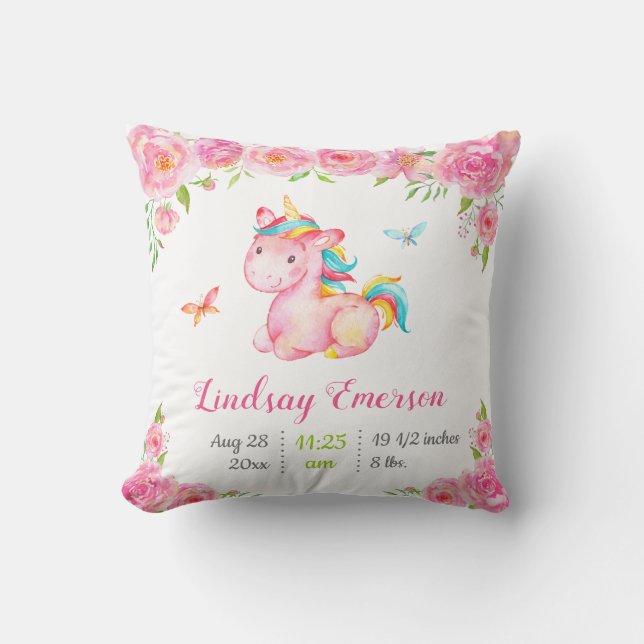 Almofada Presente de Unicórnio Floral Rosa para Bebê Menina (Frente)