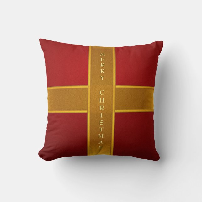 Almofada Presente embrulhado em vermelho e dourado com desi (Frente)