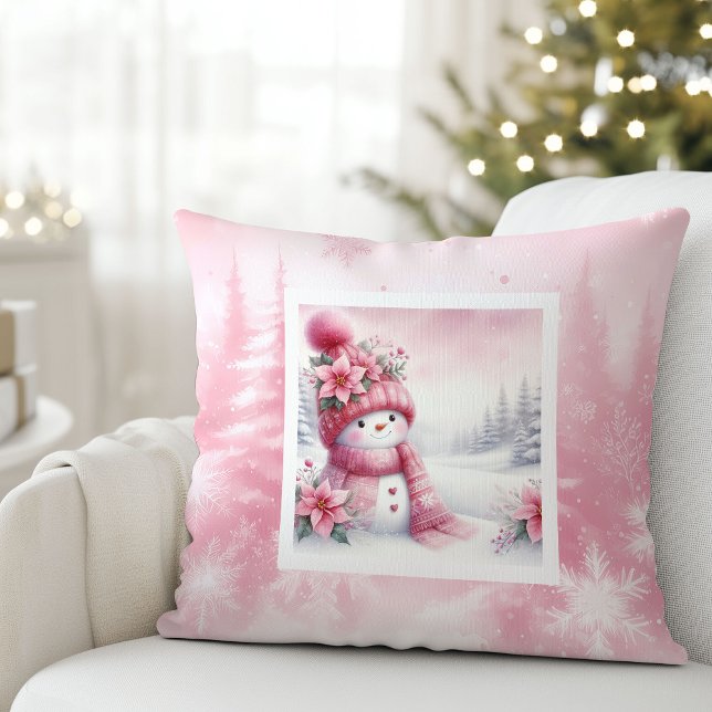 Almofada Presente Infantil Cena de Inverno de Neve (Stylish Pink Snowman Winter Scene Kids Gift Pillow

)