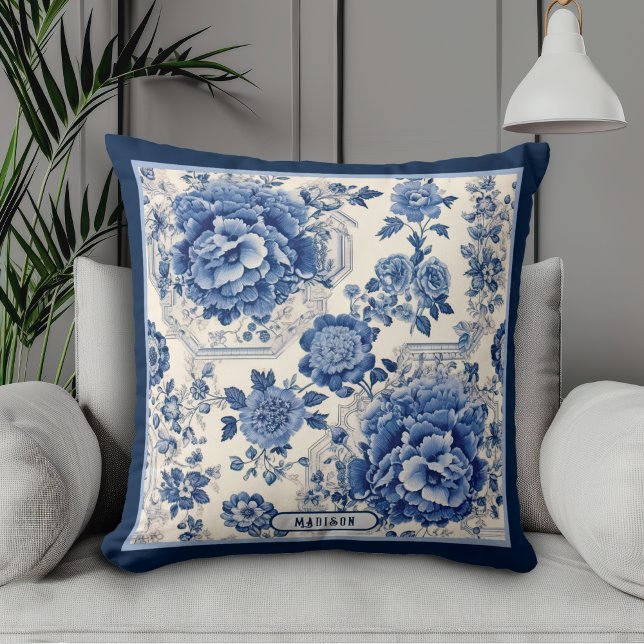 Almofada Presente Monograma Chic Azul Branco Floral Chinois (Criador carregado)