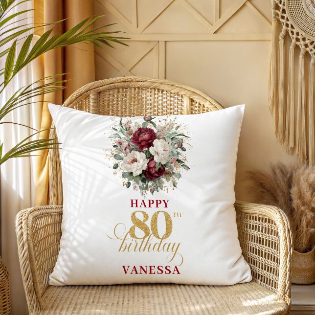 Almofada Presente Personalizado de 80º Aniversário Marsala  (Marsala Blush Burgundy 80th Birthday Custom Gift)