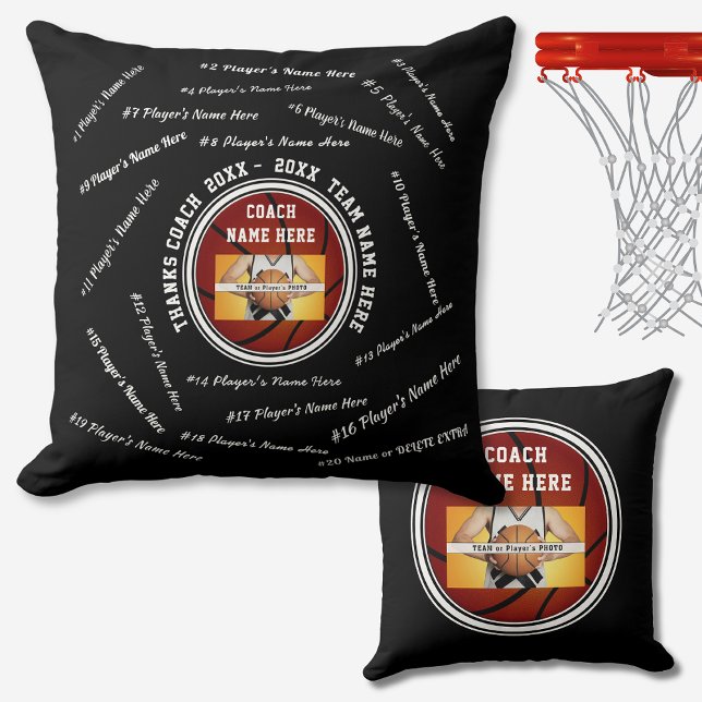 Almofada Presentes Personalizados Preto e Branco para Trein (Thank you gifts for basketball coaches. Black and White, Basketball Pillow, all player's names.)