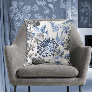 Almofada Preto azul Toile floral botânico branco da