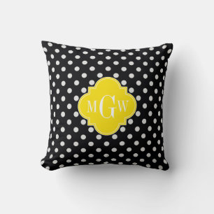 Almofada Preto Branco Bolinhas Amarelo Quatrefoil 3 Monogra
