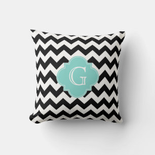 Almofada Preto Branco Chevron Aqua Quatrefoil Monograma