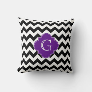 Almofada Preto Branco Chevron Roxo Quatrefoil Monograma