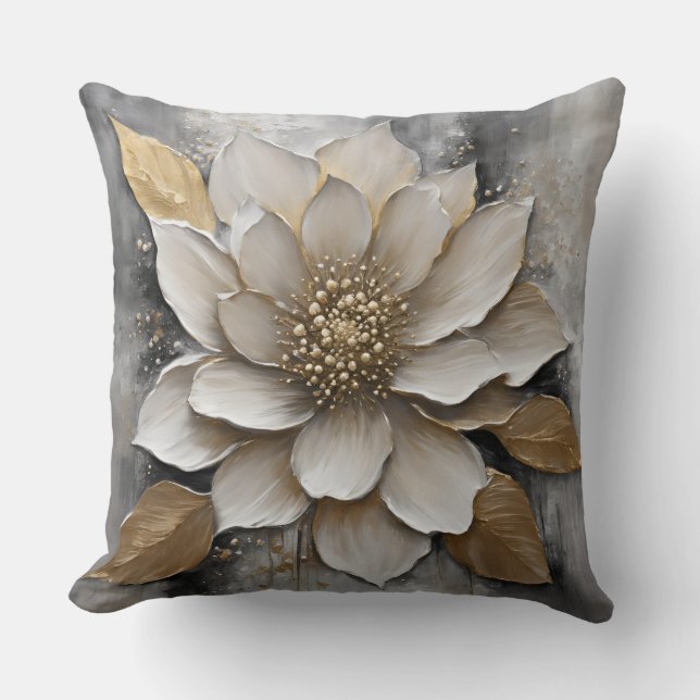 Almofada Preto Branco Cinza Dourado Estampa de Flor (Frente)