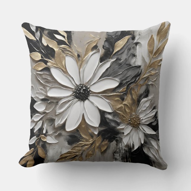 Almofada Preto Branco Dourado Cinza Estampa Floral (Frente)