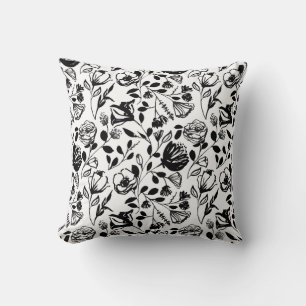 Almofada Preto Branco Floral Linha Desenhada à Mão na Moda