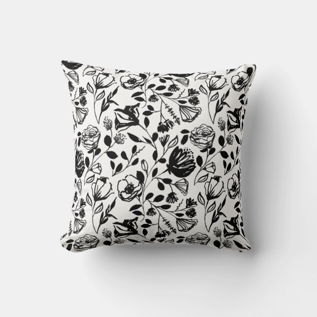 Almofada Preto Branco Floral Linha Desenhada à Mão na Moda (Frente)