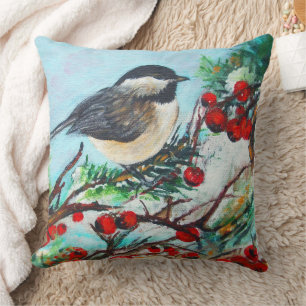 Almofada Preto do pássaro do Chickadee tampado com as baga