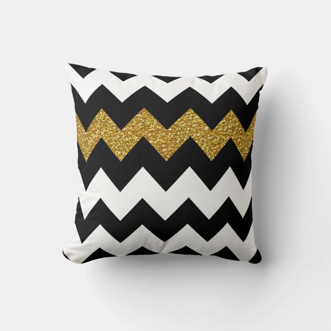 Almofada Preto e brilho Dourado Chevron no branco (Frente)